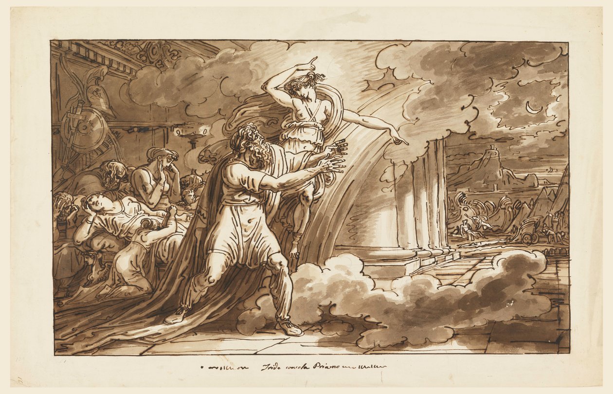 Rajz, Iris arra biztatja Priamost, hogy könyörögjön Hektor testéért Akhilleusztól, 1810-20 alkotó: Felice Giani