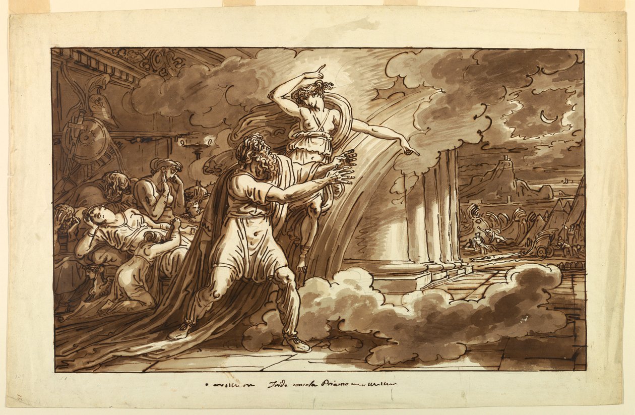 Rajz, Iris arra biztatja Priamost, hogy könyörögjön Hektor testéért Akhilleusztól, 1810-20 alkotó: Felice Giani