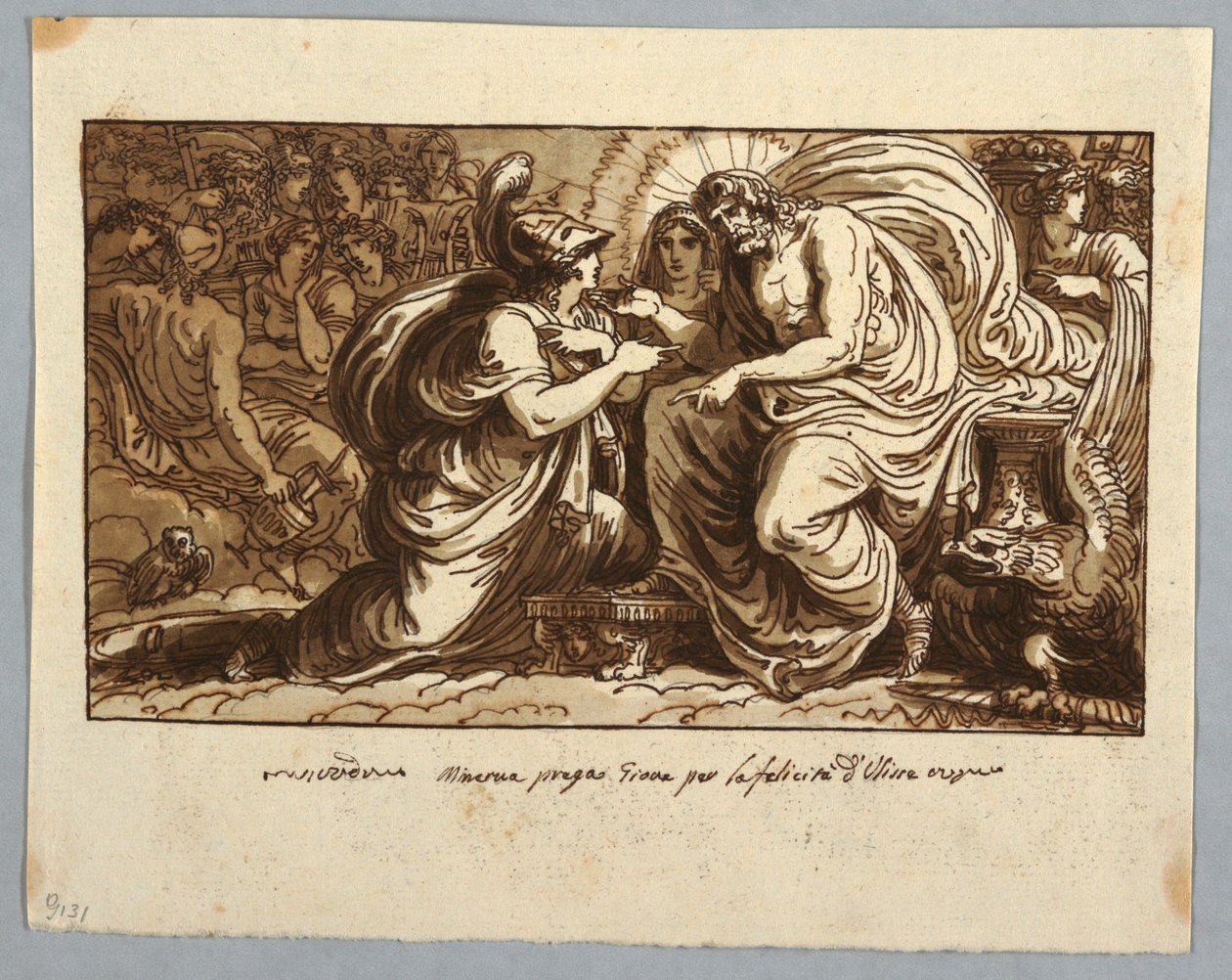 Rajz, lap egy vázlatfüzetből: Minerva kérdezi Jupitert Odüsszeusz boldogságáról, vagy Minerva kérdezi Jupitert Ithaka sorsáról, 1802-05. alkotó: Felice Giani