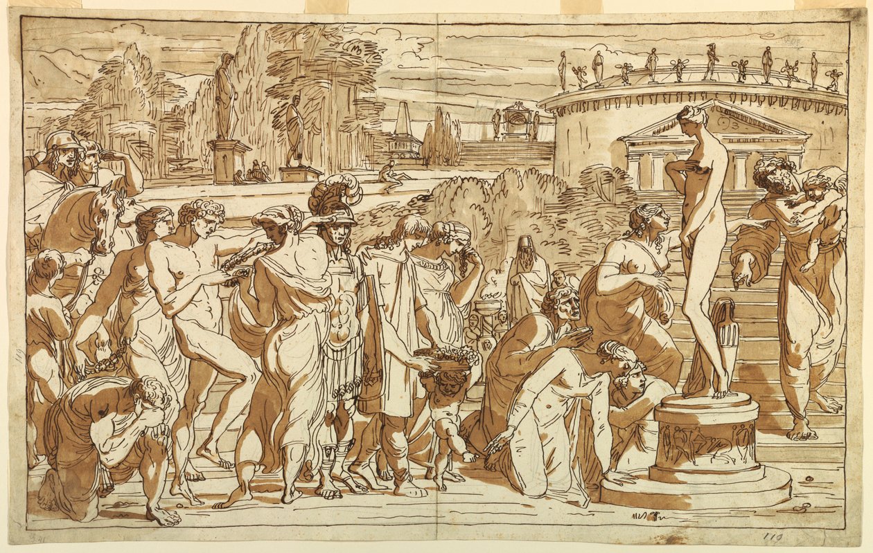 Rajz, Vénusz imádata klasszikus tájképben, 1820 körül. alkotó: Felice Giani