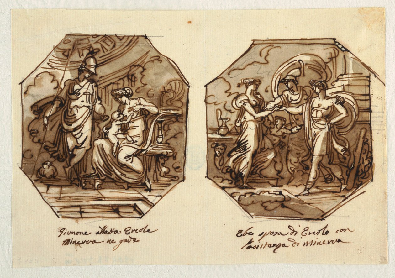 Juno Suckling Hercules, Hebe feleségül veszi Hercules-t Minerva segítségével, Sala di Ercole e Ebe, Palazzo Gaddi, Forli számára tervezve. alkotó: Felice Giani
