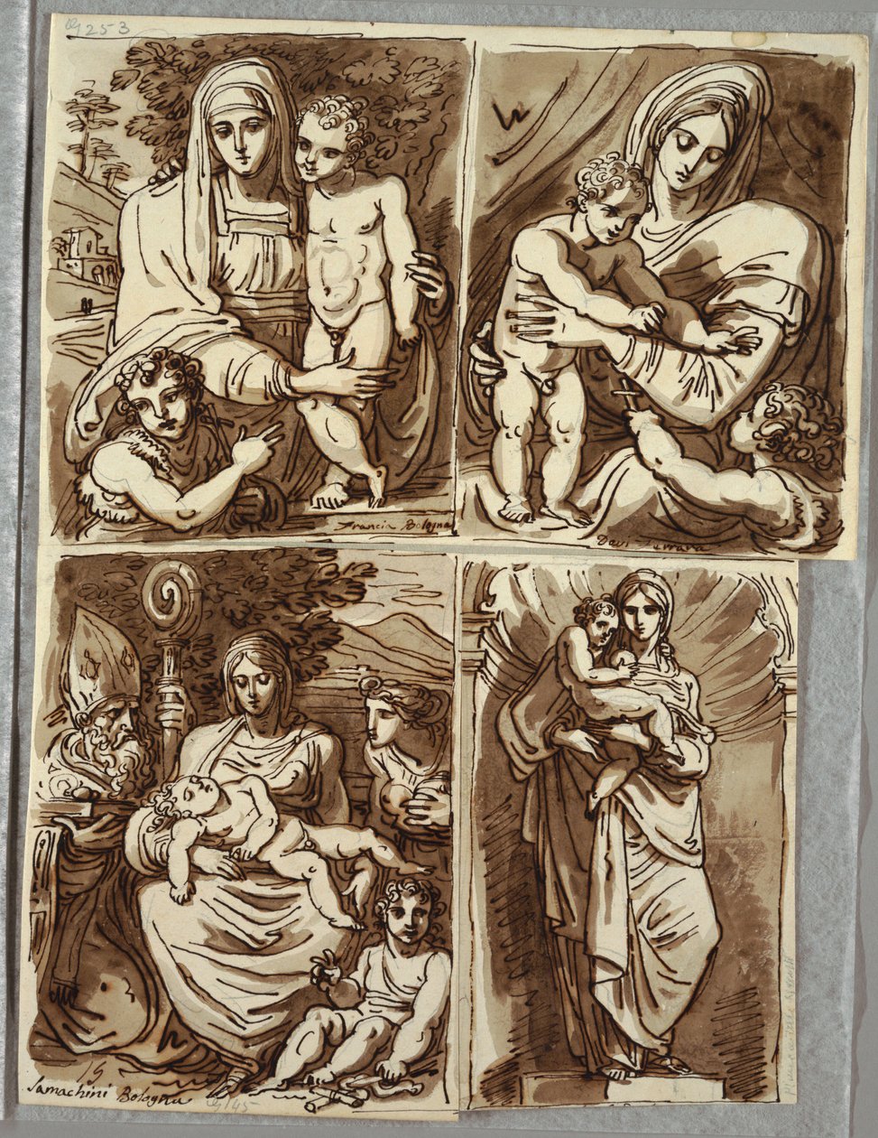 Madonna és gyermek és Szent János, Tanulmány Francia után; Madonna és gyermeke Szent Jánossal, Tanulmány a Dossi után; Madonna és gyermeke Szent Jánossal, Szent püspökkel, Szent Appolonia; Madonna és gyermek a résben, Salvator Mundy Tanulmány a szobor után alkotó: Felice Giani