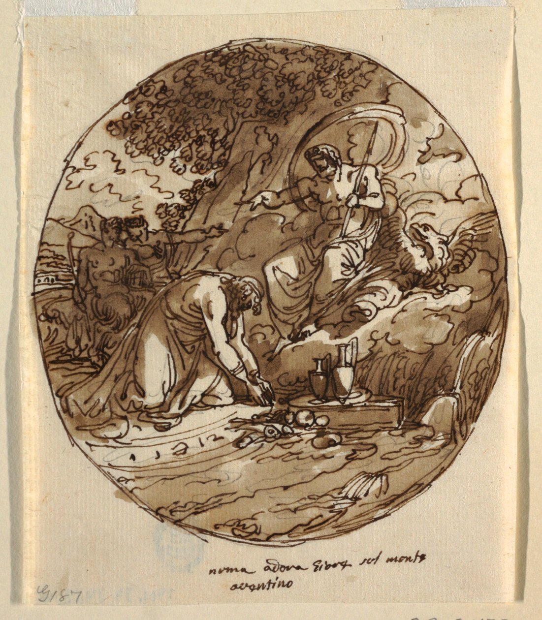 Numa Pompilius imádja Jove az Aventinuson, Mennyezeti kialakítás a Sala di Numa Pompiliushoz, Palazzo Milzetti, Faenza alkotó: Felice Giani