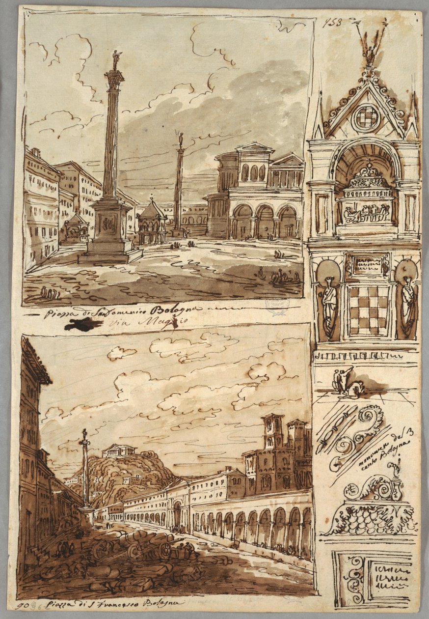 Piazza San Domenico Bolognában; Piazza San Francesco és Villa Aldini Bolognában; Tanulmány a Glossatori sírjáról alkotó: Felice Giani