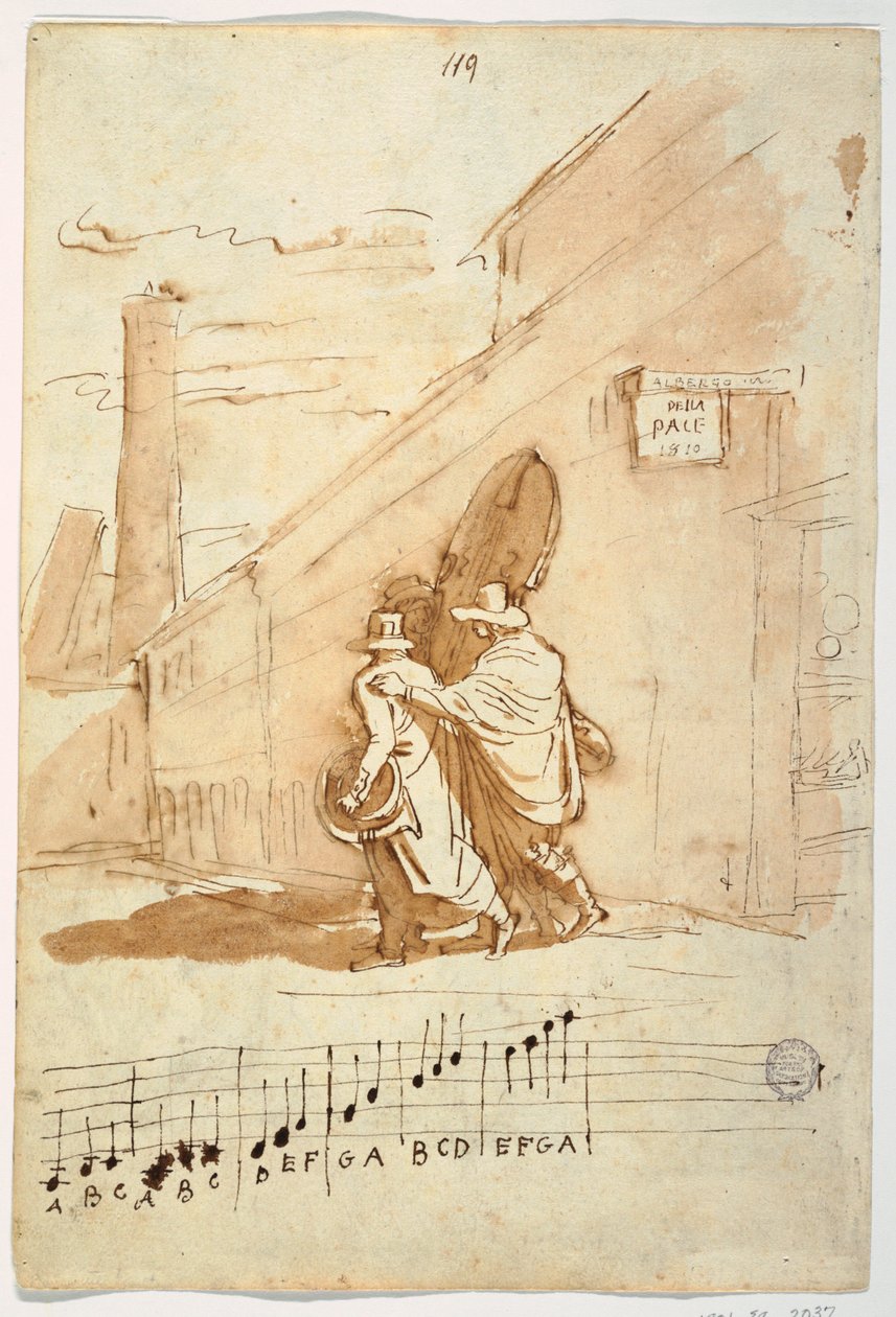 Recto: Három zenész az Albergo Della Pace előtt, 1810 alkotó: Felice Giani