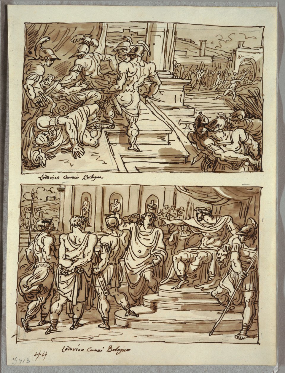 Remus megöli Amulius királyt; Remus láncban vezetett Amulius király előtt; Két tanulmány Carracci után alkotó: Felice Giani
