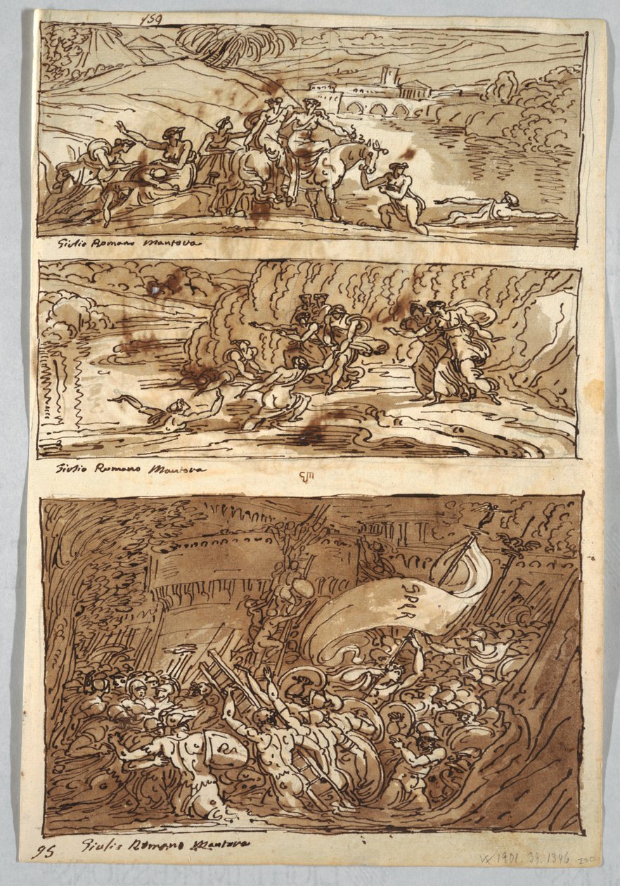Vázlatfüzet oldal, Folio 95: Három festmény Giulio Romano után; Verso: Oroszlán és sas alkotó: Felice Giani