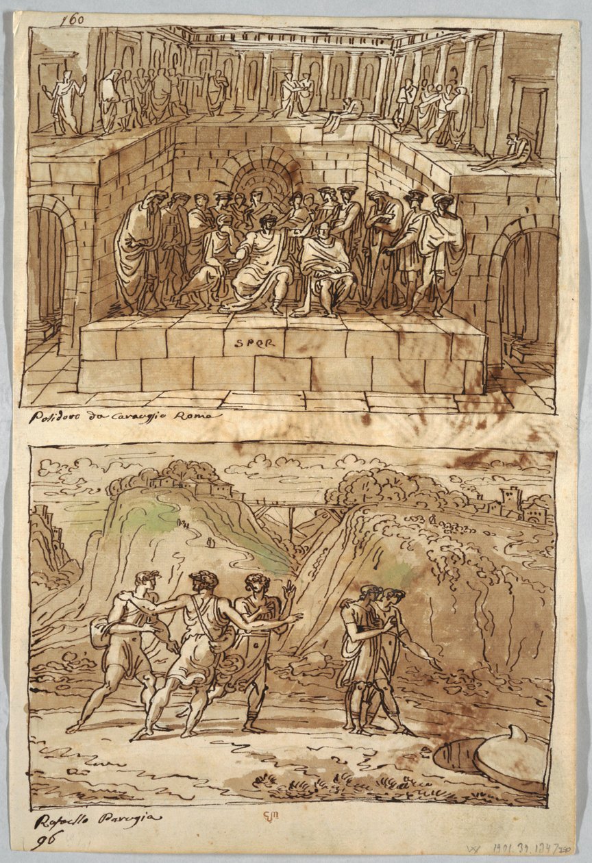 Vázlatfüzet oldal, Folio 98: Két festmény Caravaggio és Raphael után; Verso: Eagle and Ox alkotó: Felice Giani