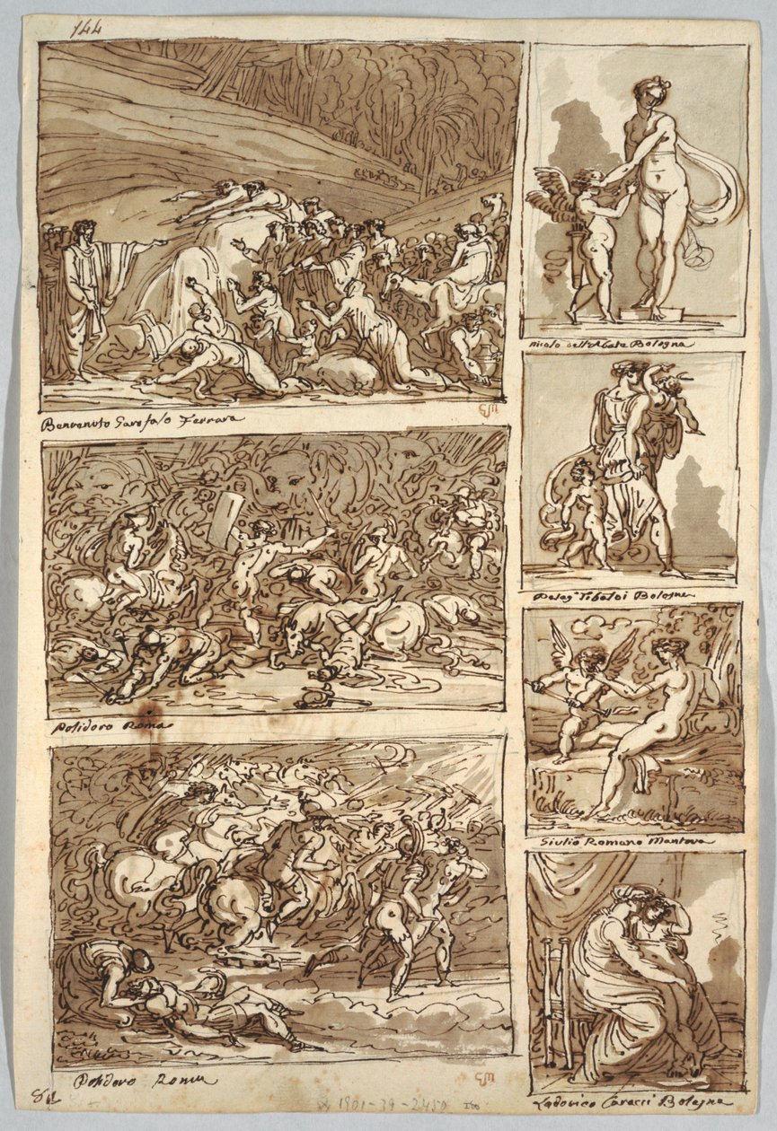 Vázlatfüzet oldal: Tanulmányok festmények után Ferrarában, Rómában, Bolognában, Mantovában Tibaldi, Raphael, Andrea del Sarto és Polidoro művészek után; Verso: Madárcsontváz és Lófej alkotó: Felice Giani