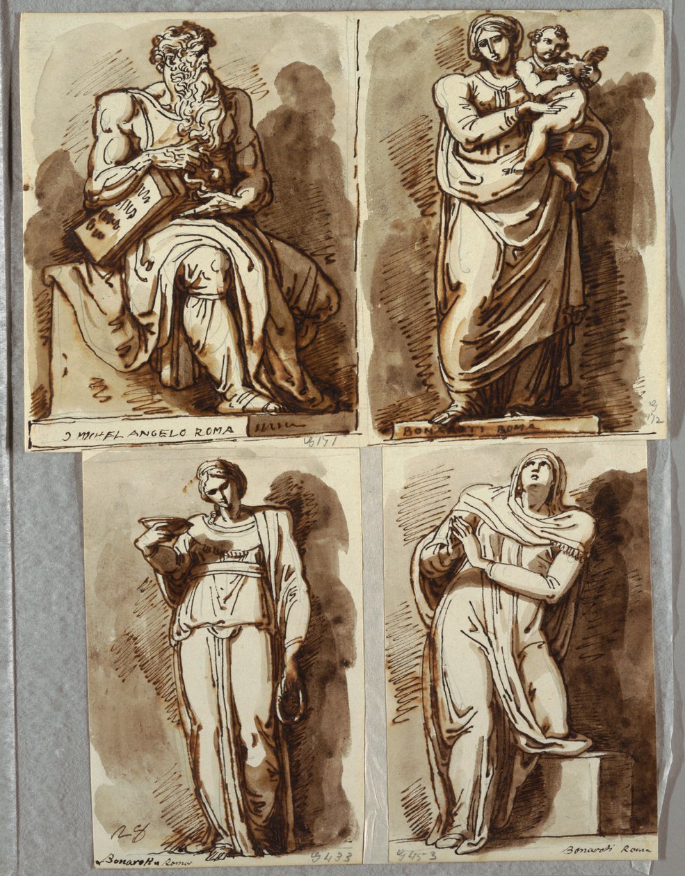 Tanulmányok négy szobor után II. Julius sírján, Michelangelo után: Mózes; Madonna és gyermek; Lea, Erény; Rachel, Vallás alkotó: Felice Giani