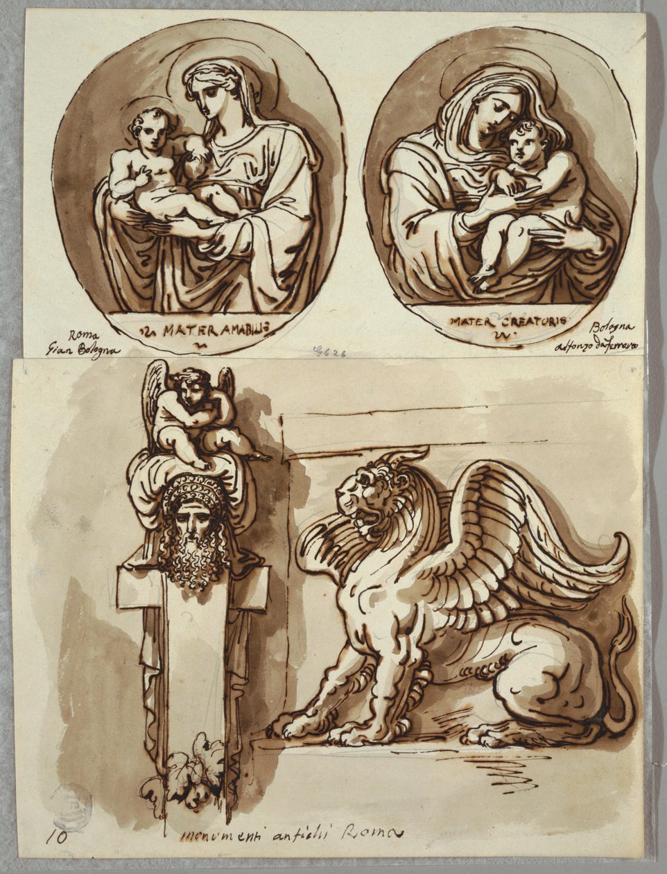 Két rajz a Madonnáról és a Gyermekről oválisban, Tanulmányok Giambologna és Alfonzo da Ferrero után; Herm és Chimera, az Antik után alkotó: Felice Giani