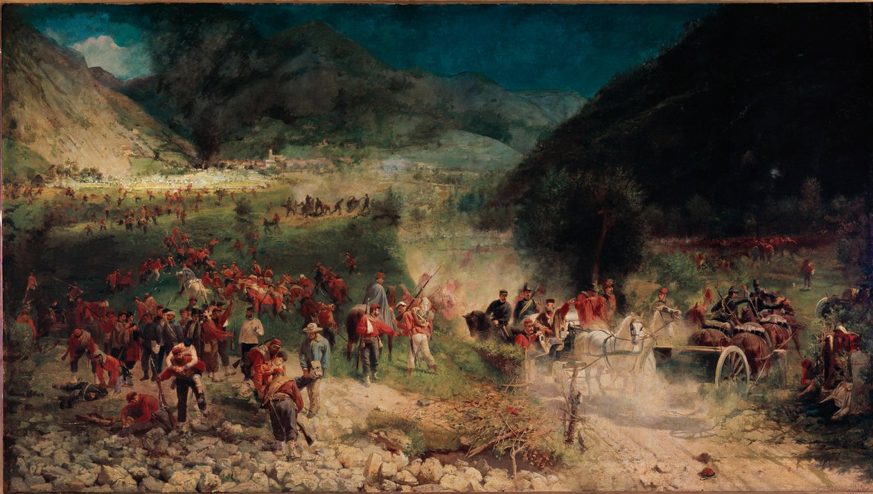 Harmadik olasz függetlenségi háború: „” Bezzecca csata”” 1866. július 21-én Giuseppe Garibaldi vadászainak holttestét állította szembe az osztrák hadsereggel. Felice Zennaro (1833-1926) festménye Milánó, Risorgimento Múzeum alkotó: Felice Zennaro