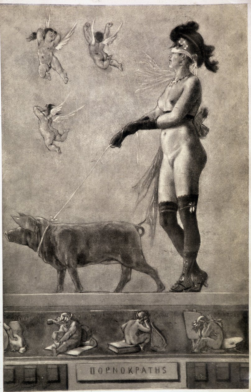 Pornokrates (meztelen nő, csíkos szemek, angyalokkal körülvéve, disznót tartva pórázon) - Felicien Rops (1833-1898) rajza alkotó: Félicien Rops