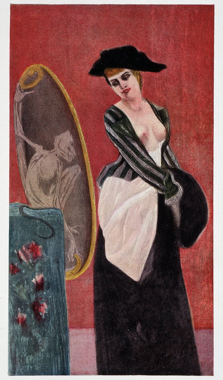 Covettery démona: egy tükörben magát nézegető nő szörnyű tükörképe, Rudolf Klein „Felicien Rops”. alkotó: Félicien Rops