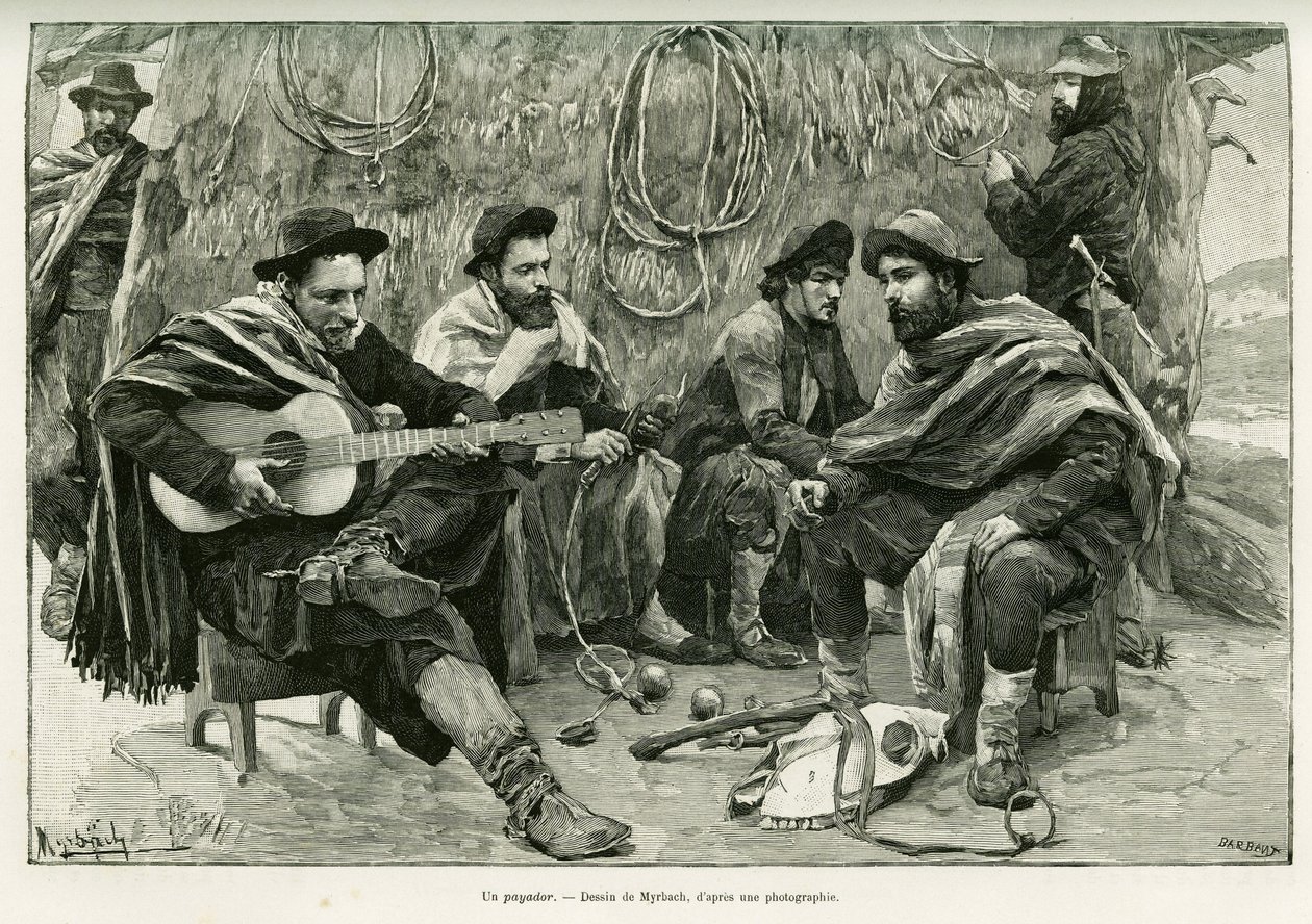 Payador, párbaj sétáló énekesek versében. Myrbach metszet, a Voyage a la Plata című történet illusztrálására 1886-ban, Emile Daireaux, in le tour du monde 1888, rendező: Edouard Charton (1807-1890), Hachette, Párizs. alkotó: Felicien baron de Myrbach Rheinfeld