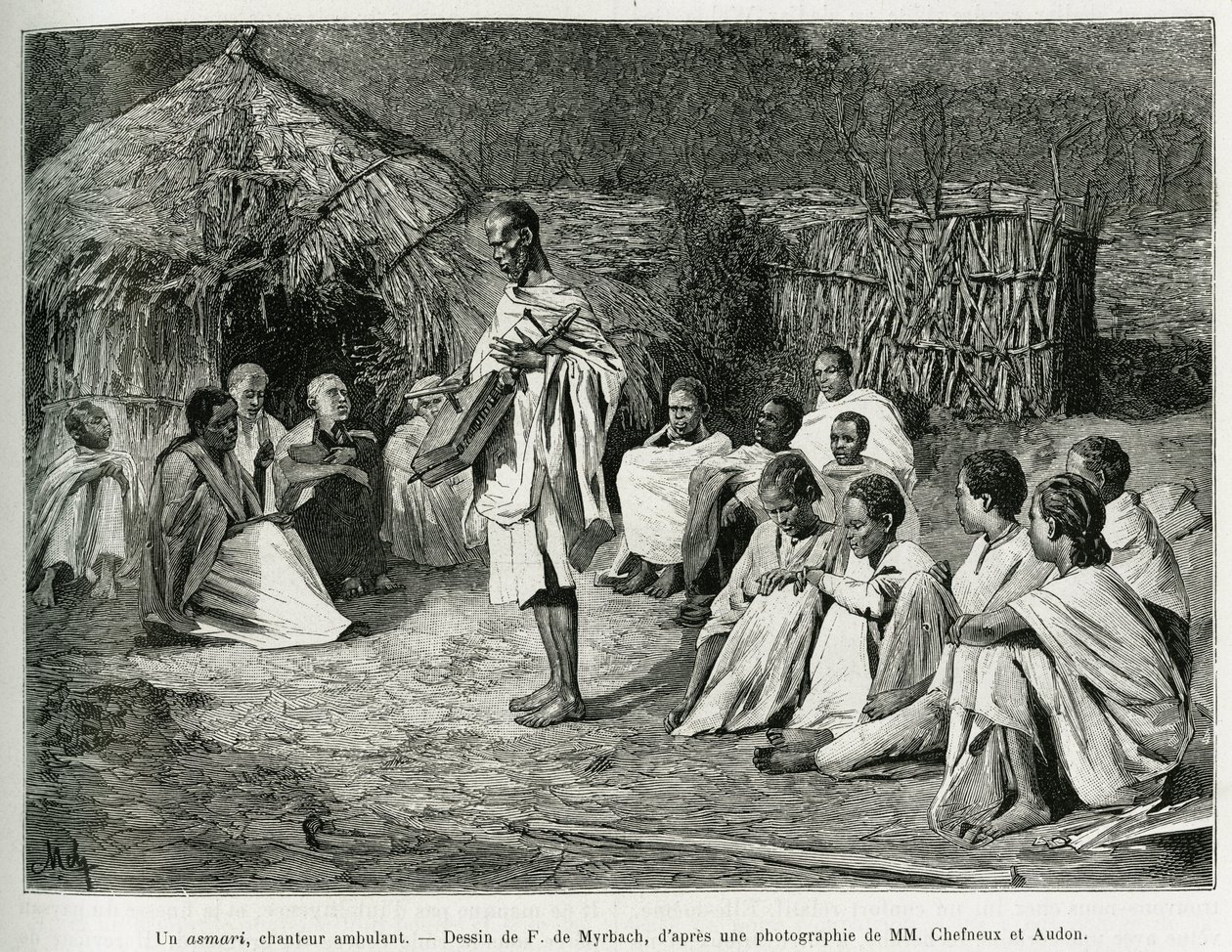 Egy asmari, egy sétáló énekes. F. De Myrbach metszet, fénykép után a Voyage au Choa (Abyssinie meridionale) című történetének illusztrálására 1884-1888-ban, Henry Audon, in le tour du monde 1889, rendező: Edouard Charton (1807-1890), Hachette , Párizs. alkotó: Felicien baron de Myrbach Rheinfeld