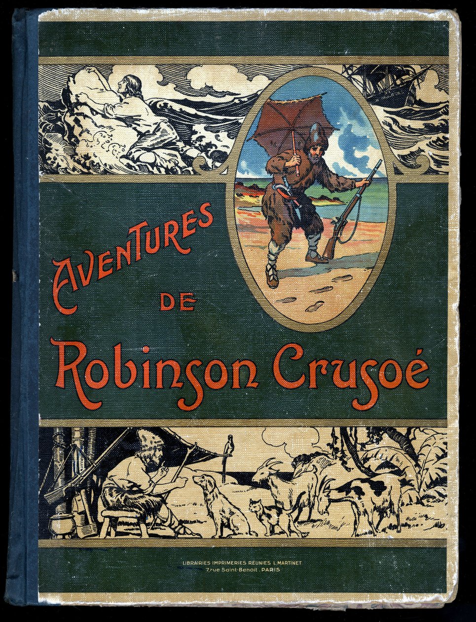 Könyvborító Robinson Crusoe: Illusztráció: Felician MYRBACH MYRBACH RHEINFELD (1853-1940) Daniel Defoe (De foe) Robinson Crusoe könyvéhez. Nincs dátum. 1934 körül alkotó: Felicien baron de Myrbach Rheinfeld