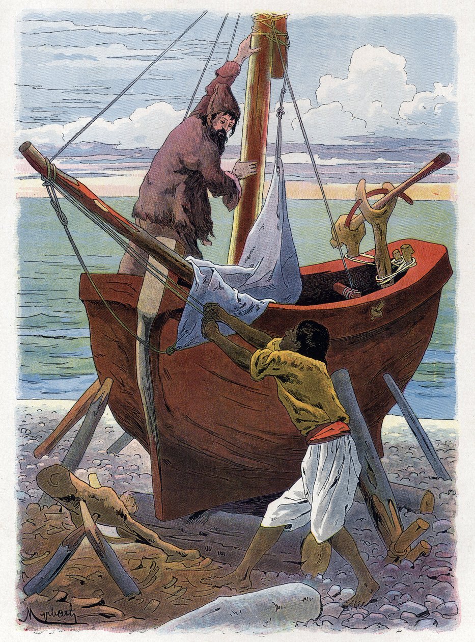 Robinson Crusoe és Friday hajót építenek. alkotó: Felicien baron de Myrbach Rheinfeld