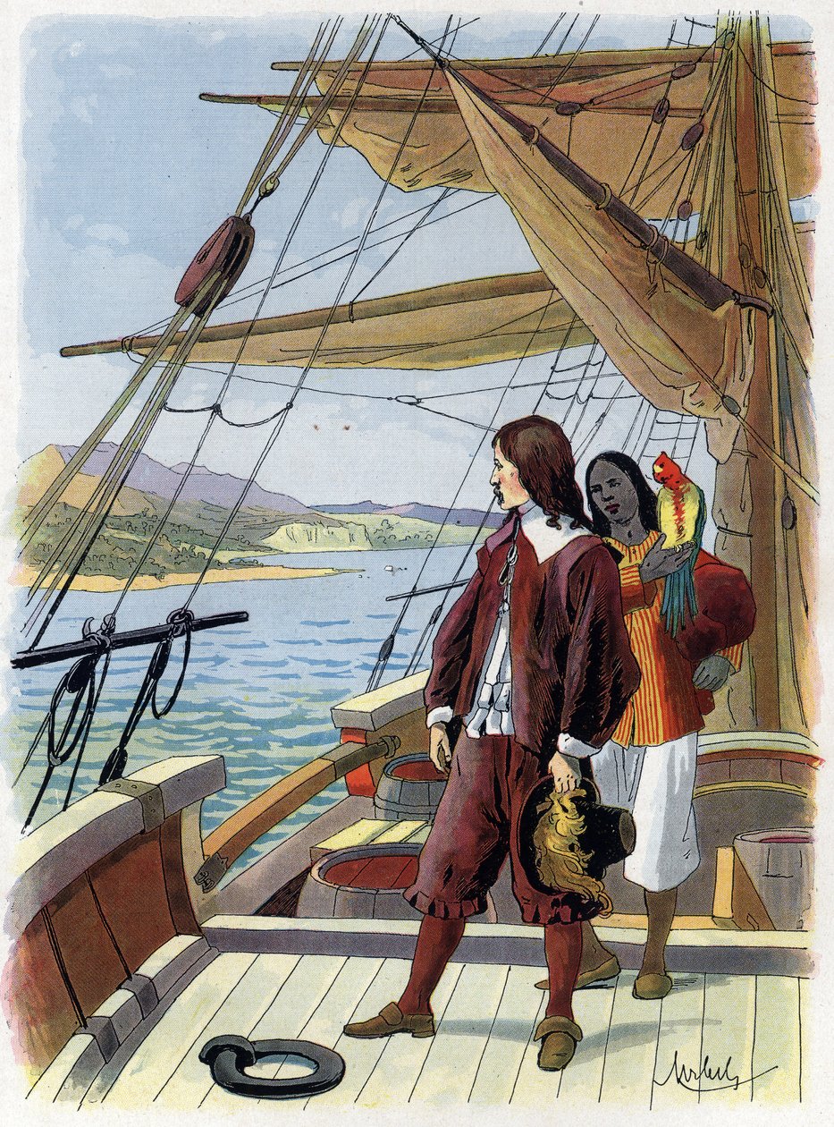 Robinson Crusoe elhagyja szigetét - Illusztráció: Felician MYRBACH MYRBACH RHEINFELD (1853-1940) Daniel Defoe (De foe) Robinson Crusoe könyvéhez. Nincs dátum. 1934 körül alkotó: Felicien baron de Myrbach Rheinfeld