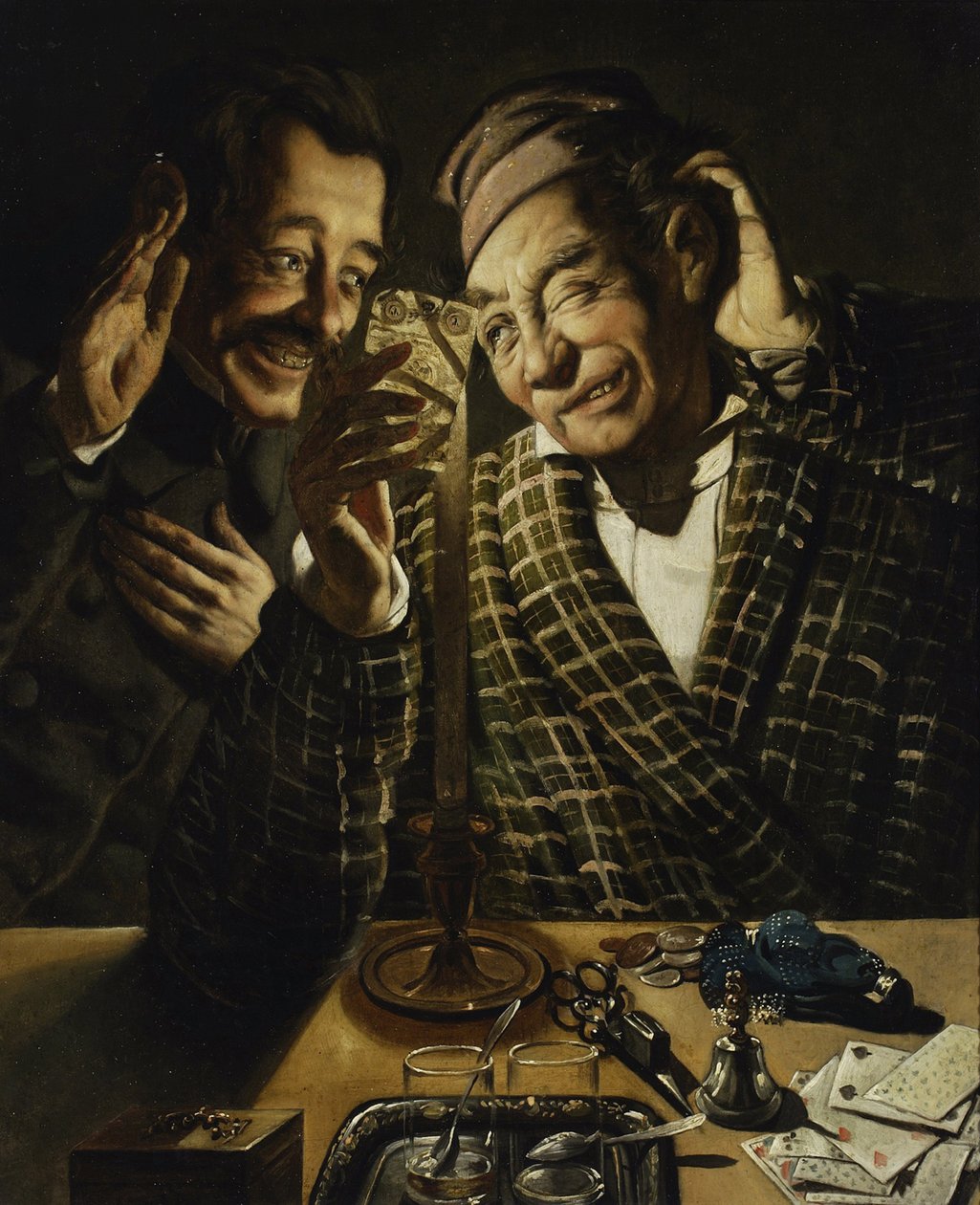 Gyertyafényes játékosok – Szerencsejátékosok gyertyafénynél, Peczarski, Feliks (1804-1862). Olaj, vászon, mérete: 75,5x62 alkotó: Feliks Peczarski