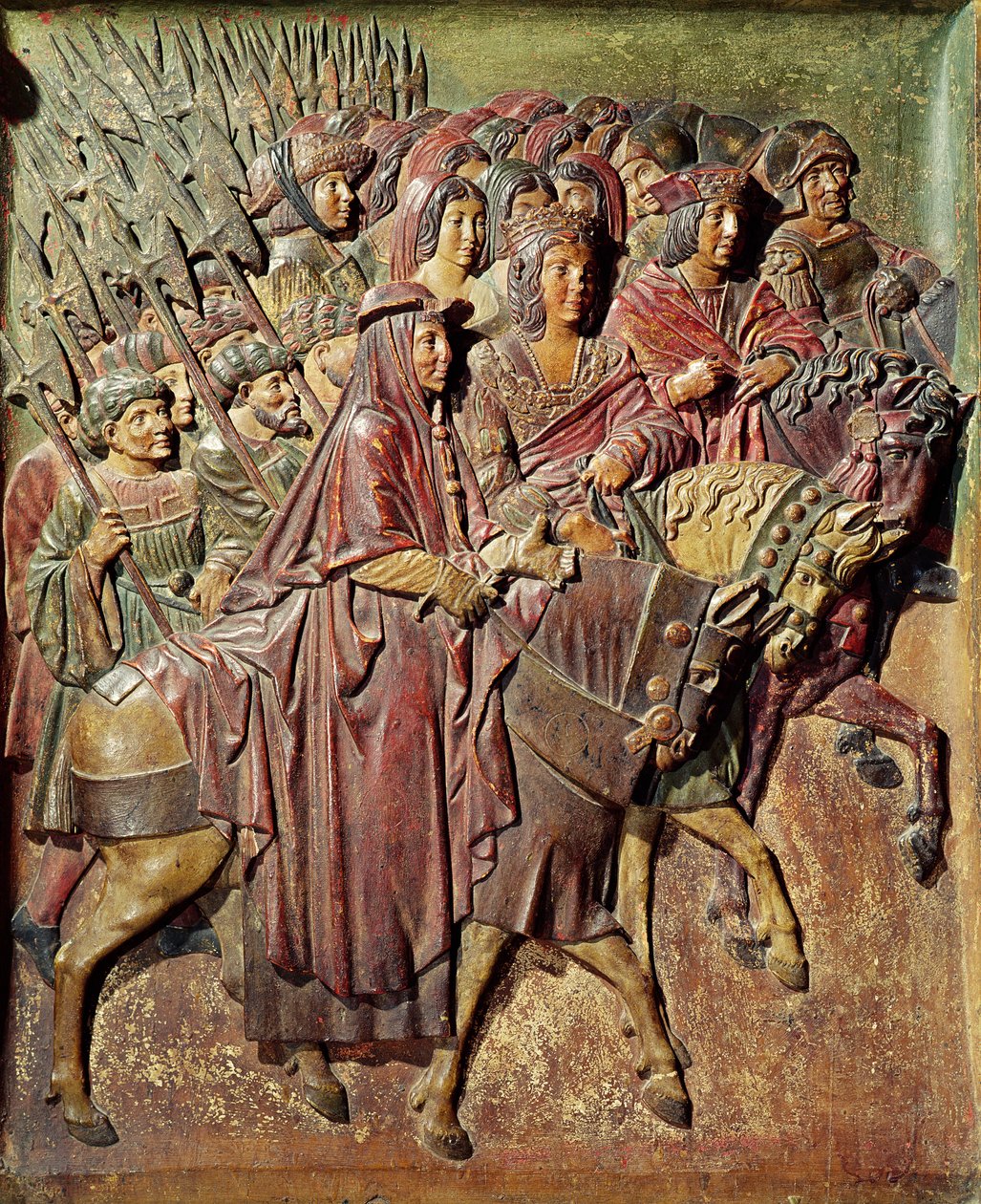 Ferdinánd aragóniai király (1452-1516) és I. Izabella királynő (1451-1504) kasztíliai bejáratát ábrázoló dombormű Granadában (fa) alkotó: Felipe Bigarny or Vigarny