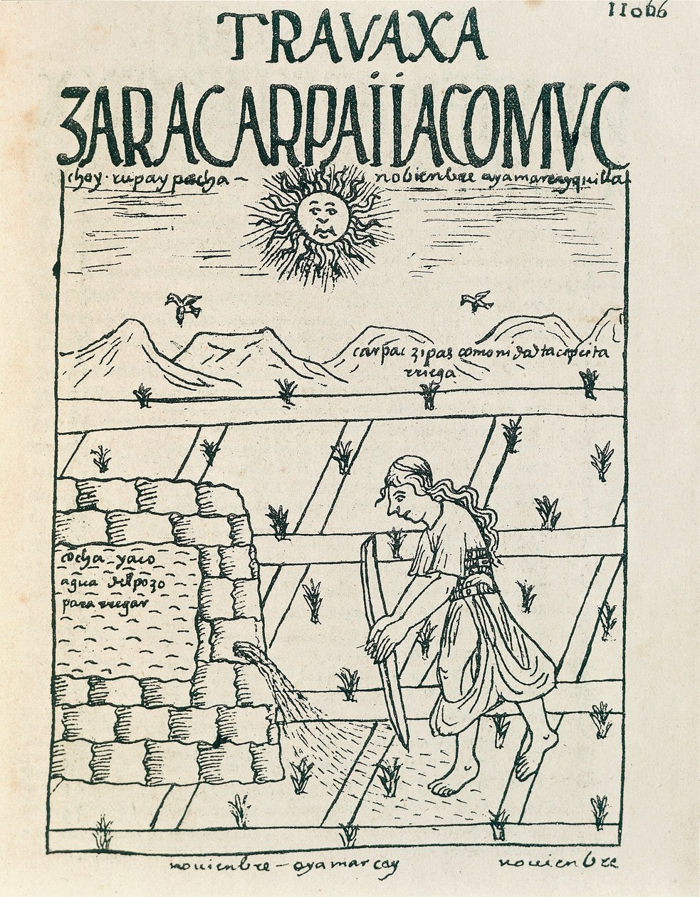 Egy paraszt, aki novemberben öntözi a szántóját (Tintarajz alkotó: Felipe Huaman Poma de Ayala
