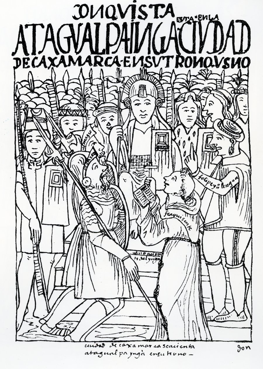 Diego de Almagro, Francisco Pizarro és Vicente de Valverde barát térdel az Atahualpa Inca előtt Cajamarcában alkotó: Felipe Huaman Poma de Ayala
