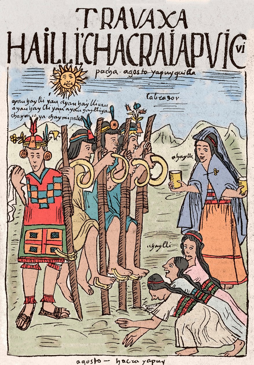 Inka Birodalom: a terepmunka kezdete augusztusban, egy nagy népi lakoma alkalmából, amelyen a nemesek is részt vettek - Don Felipe Puma de Ayala „Nueva coronica y buen gobierno” című kéziratából készült tusrajz, amely az utódok életét illusztrálja. alkotó: Felipe Huaman Poma de Ayala