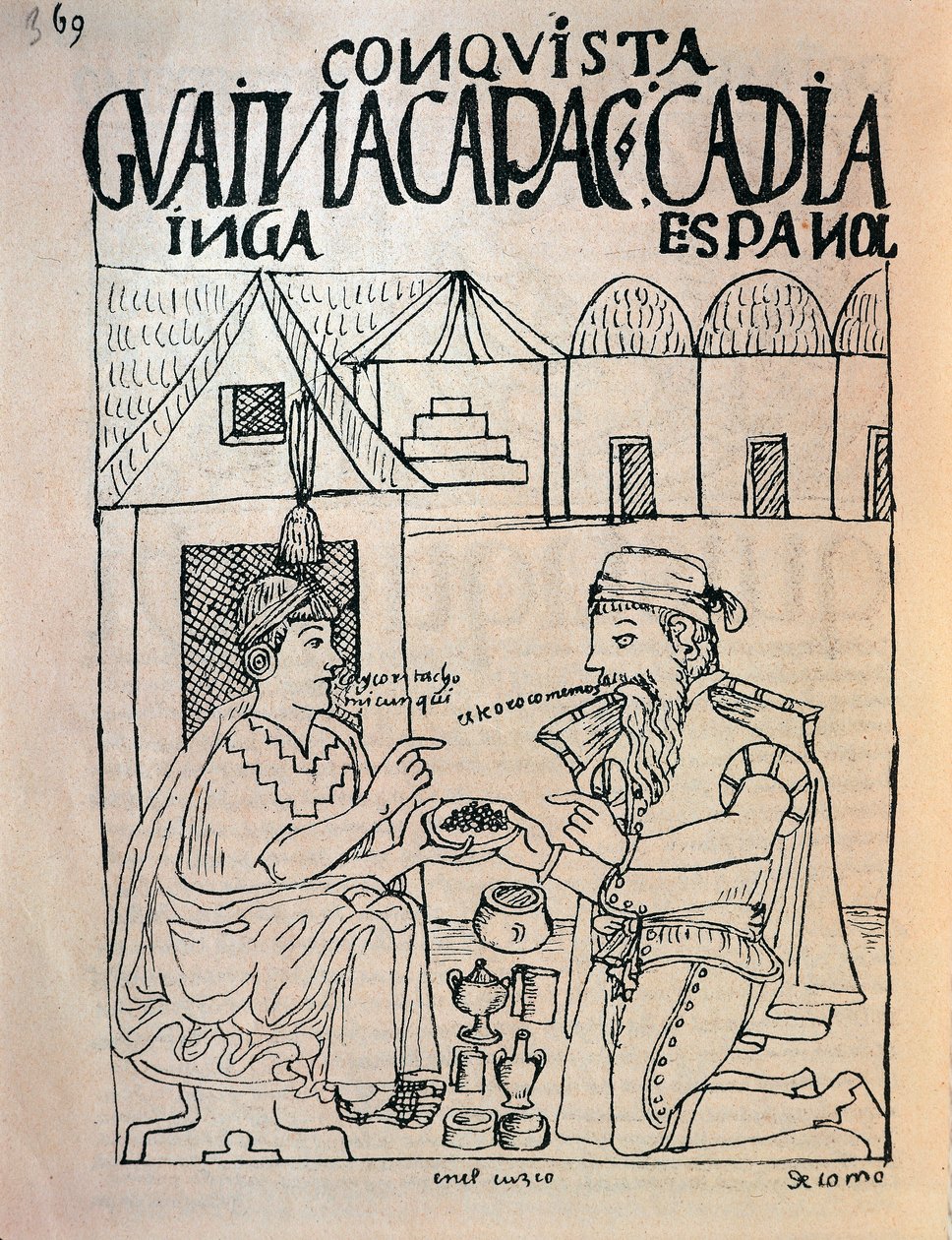 A cuzcói inka és az angol konkvisztádor ajándékot kapott Atahualpa inka császár szabadságáért cserébe (Tintarajz alkotó: Felipe Huaman Poma de Ayala