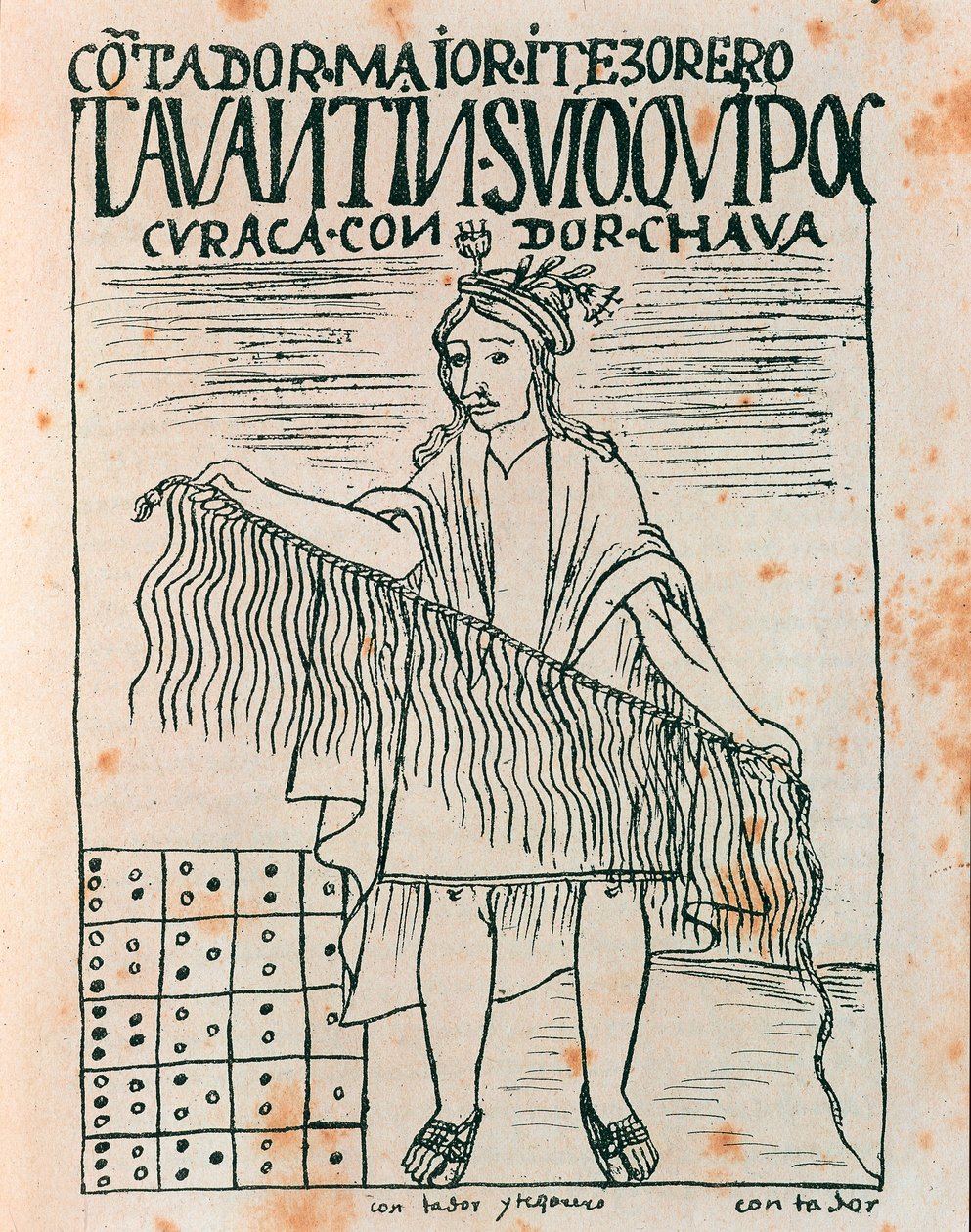 Inka ember, aki quipu-t tart: számviteli rendszer húrokkal és csomókkal (Tintarajz alkotó: Felipe Huaman Poma de Ayala