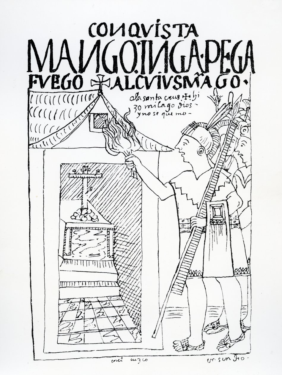 Manco Inca megpróbálja felégetni Cuyus Mango inka palotáját, amelyet keresztény istentiszteletre alakítottak át, de Isten közbelép (fametszet) alkotó: Felipe Huaman Poma de Ayala