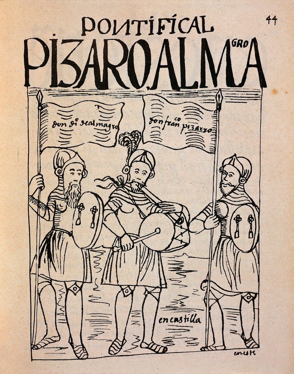 Francisco Pizarro és Diego de Almagro hadnagy portréi a perui expedíció előtt (tusrajz alkotó: Felipe Huaman Poma de Ayala