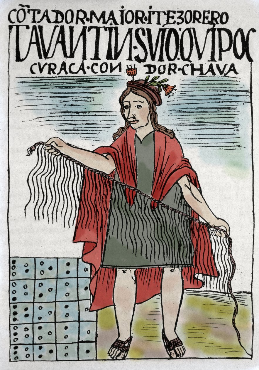 Quipu (Quipo Quipou) Inka könyvelési rendszer kötélben és csomókban, inka kultúra i.sz. 1400-1532, Felipe Guaman Puma de Ayala (Új Krónika és Jó Kormány), a 16. század indiai rovatvezetője kézirata. alkotó: Felipe Huaman Poma de Ayala