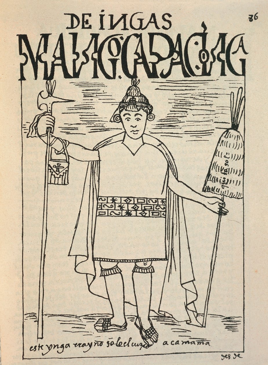 Manco Capac, a Cusco Királyság legendás inka alapítója és az inka mitológia egy alakjának ábrázolása (tusrajz alkotó: Felipe Huaman Poma de Ayala