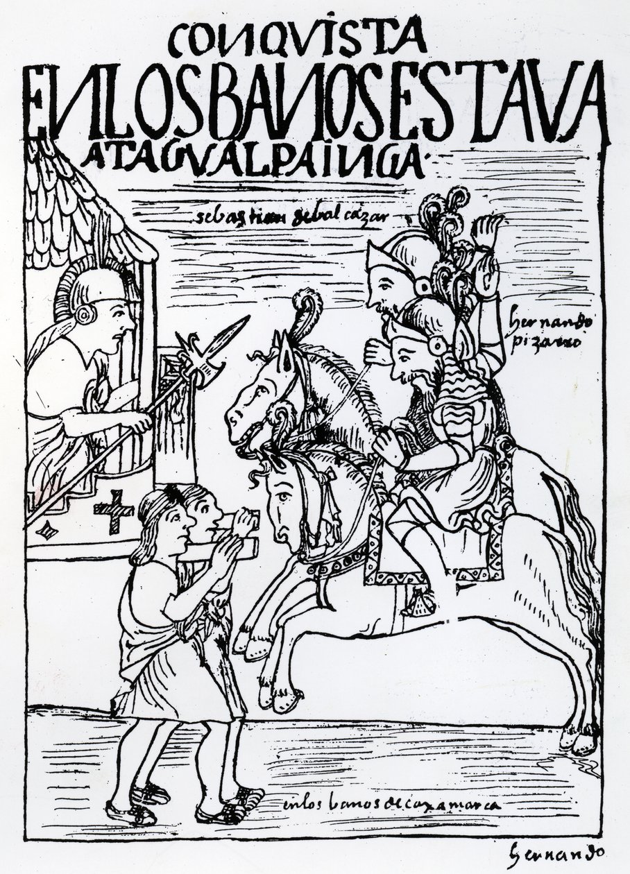 Sebastian de Benalcazar és Hernando Pizarro szembesül Atahualpa Inkával a cajamarcai királyi fürdőben (fametszet) alkotó: Felipe Huaman Poma de Ayala