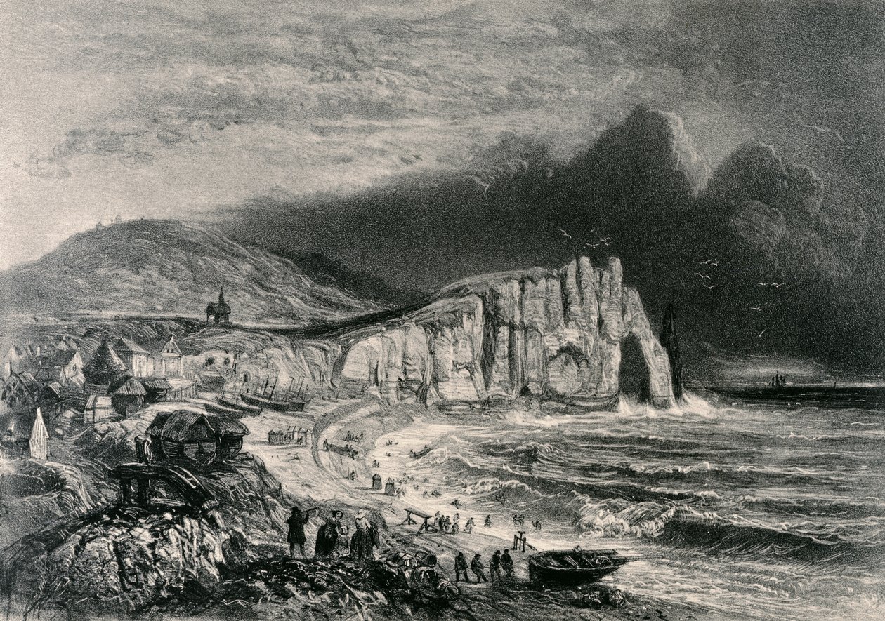Etretat, illusztráció a Normandiáról szóló fejezetből a „La Normandie Illustree”-ből, Charpentier metszetében, 1852-ben Nantes-ban alkotó: Felix Benoist
