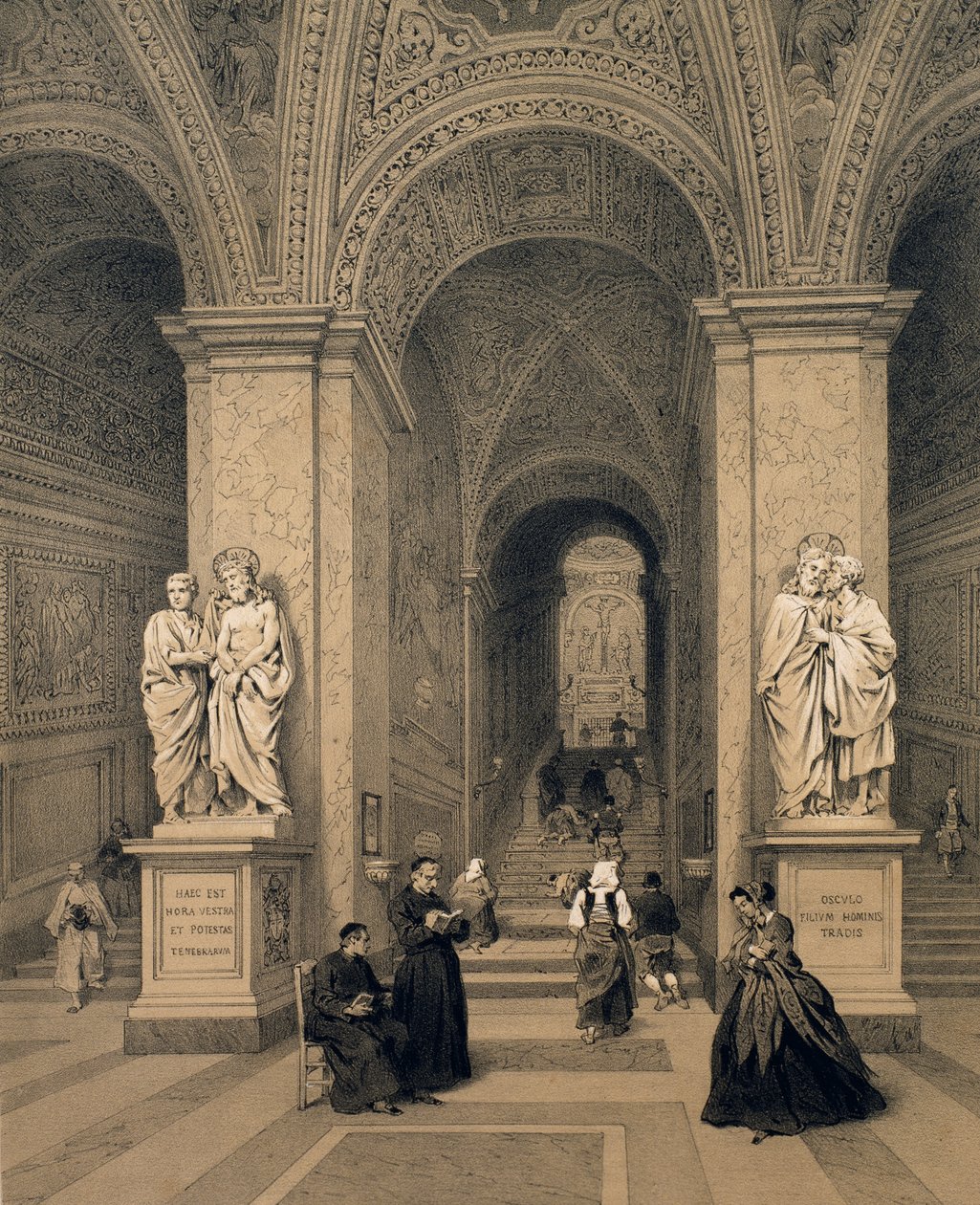 A római Santi-szentély szent lépcsője, illusztráció a „Rome dans sa grandeur” című albumból, 1870 alkotó: Felix Benoist