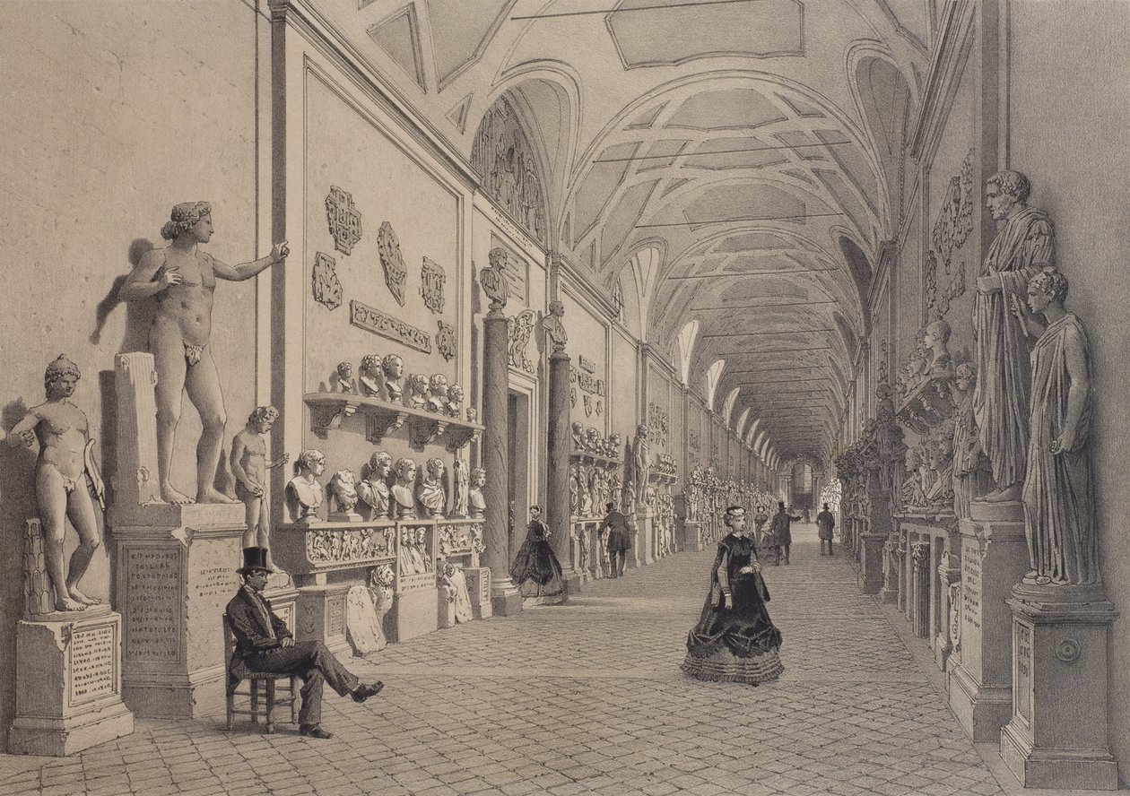 Vatikáni múzeumok, Chiaramonti Galéria és a Braccio Nuovo Galéria bejárata, Róma, illusztráció a "Rome dans sa grandeur" albumból, metszet Philippe Benoist (sz.1813) 1870. alkotó: Felix Benoist