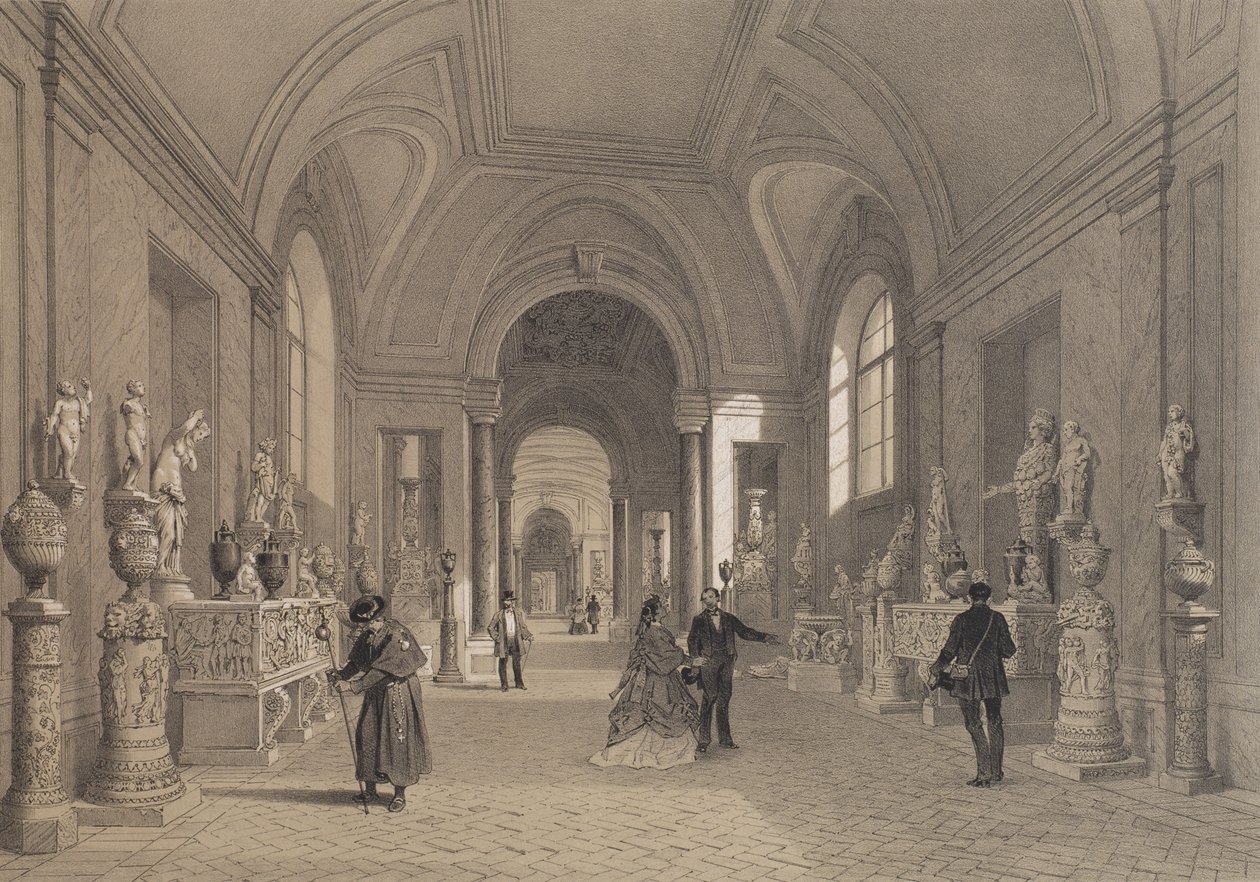 Vatikáni Múzeumok, Kandeláberek Galériája, Róma, illusztráció a „Rome dans sa grandeur” című albumból, Philippe Benoist (sz. 1813) metszet, 1870 alkotó: Felix Benoist