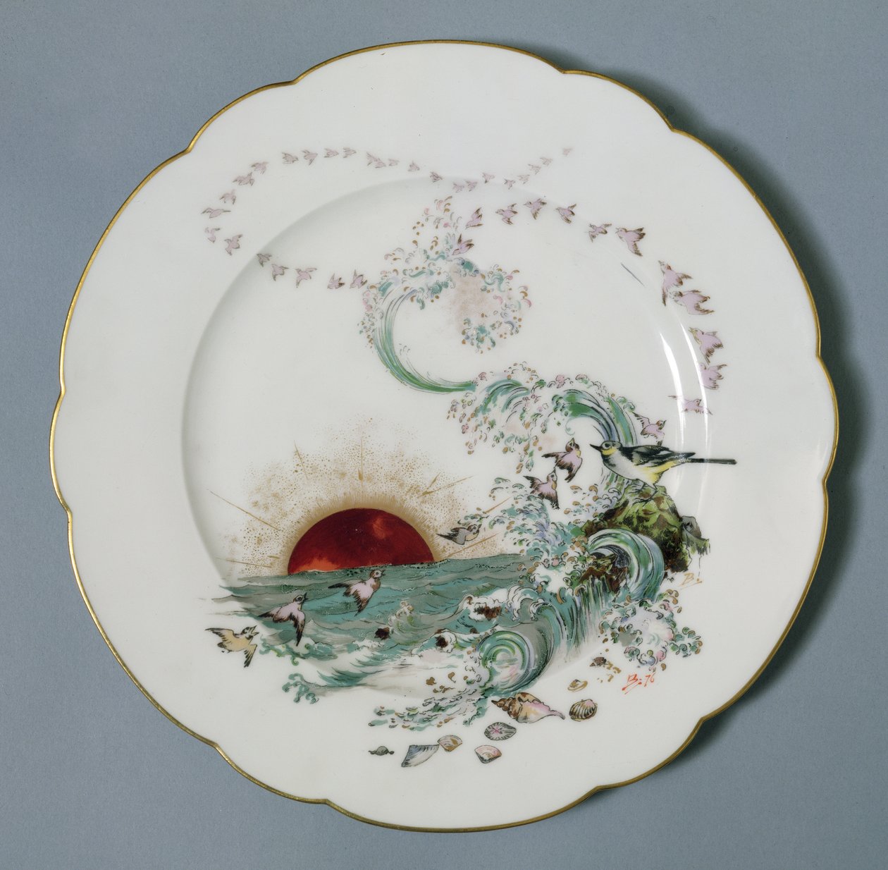 Limoges-i tányér tengeri tájképekkel (porcelán) alkotó: Felix Bracquemond
