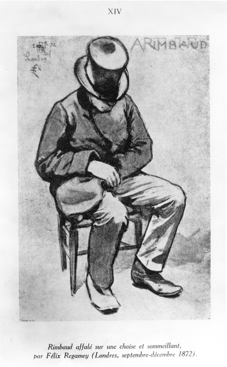 Arthur Rimbaud (1854-91) egy székre rogyott és szunyókált Londonban, 1872-ben (mosás és tinta papíron) alkotó: Felix Regamey