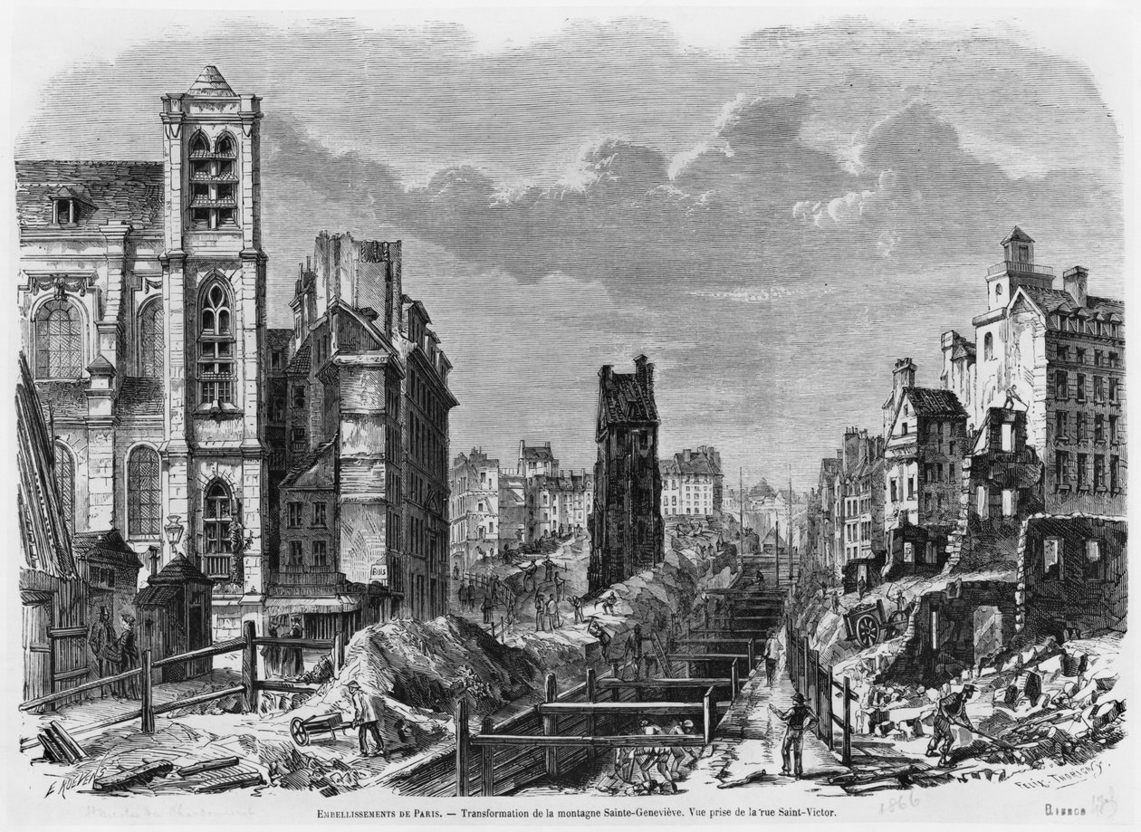 Párizs fejlesztései, Montagne Sainte-Genevieve átalakítása, kilátás a rue Saint-Victorról, 1877 alkotó: Felix Thorigny