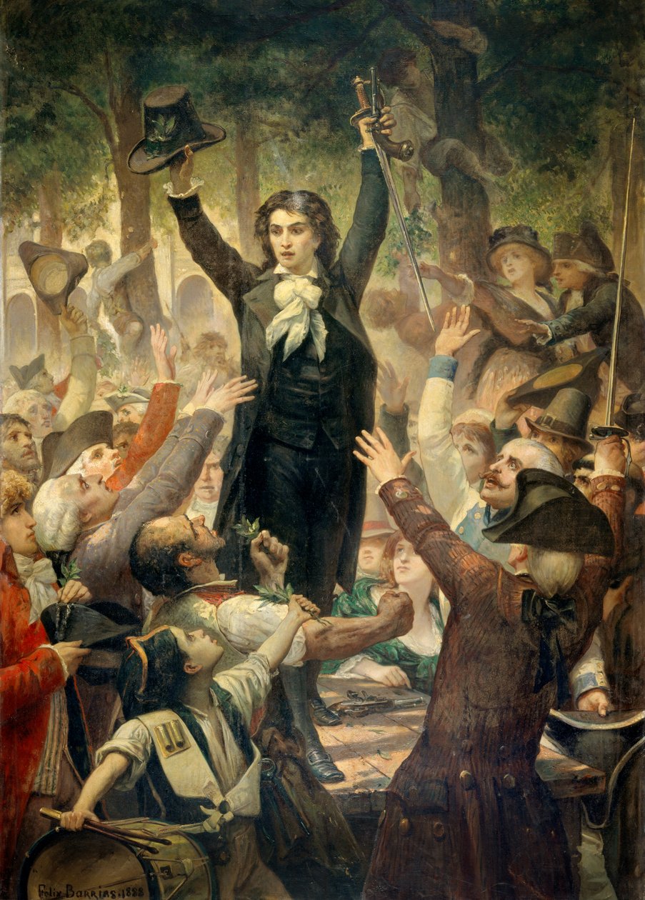Camille Desmoulins (1760-1794) a párizsi francia forradalom színhelye, a Palais Royal Premiere kertjében a hazafiakat randalírozta: 1789. 07. 12-én, miután a király elbocsátotta Jacques Neckert, Camille Desmoulins a palota királyi palotájában szorongatta a alkotó: Félix Joseph Barrias