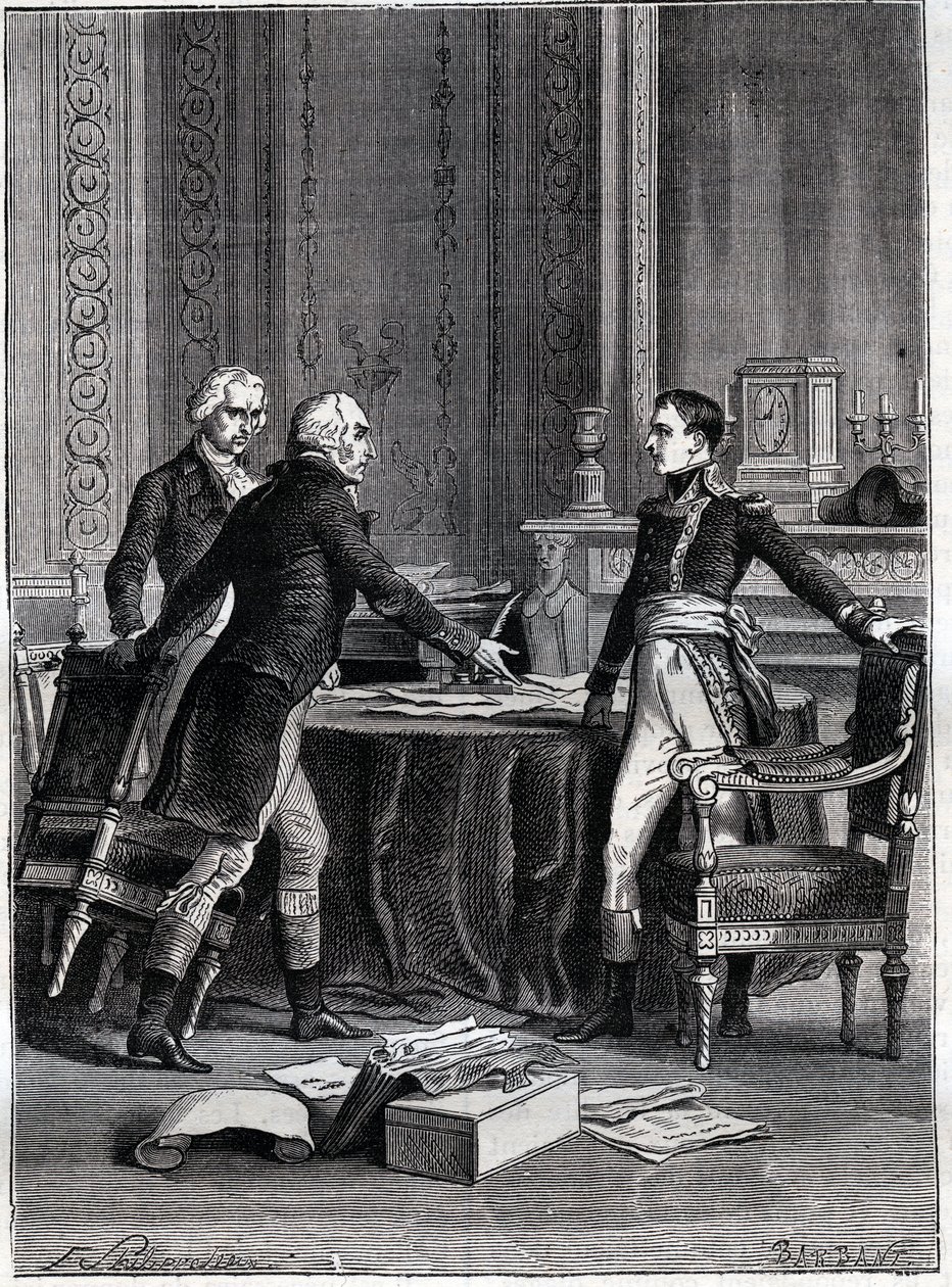 A három konzul első tanácskozása Peer-Luxembourgban – Bonaparte Napóleon, Emmanuel Joseph Sieyes és Pierre Roger-Ducos 1799 – Barbant metszete, Philippoteaux után – Első konzulátus, 24. Frimaire VIII (1799. december 15.), az első ülés első ülése alkotó: Felix (after) Philippoteaux