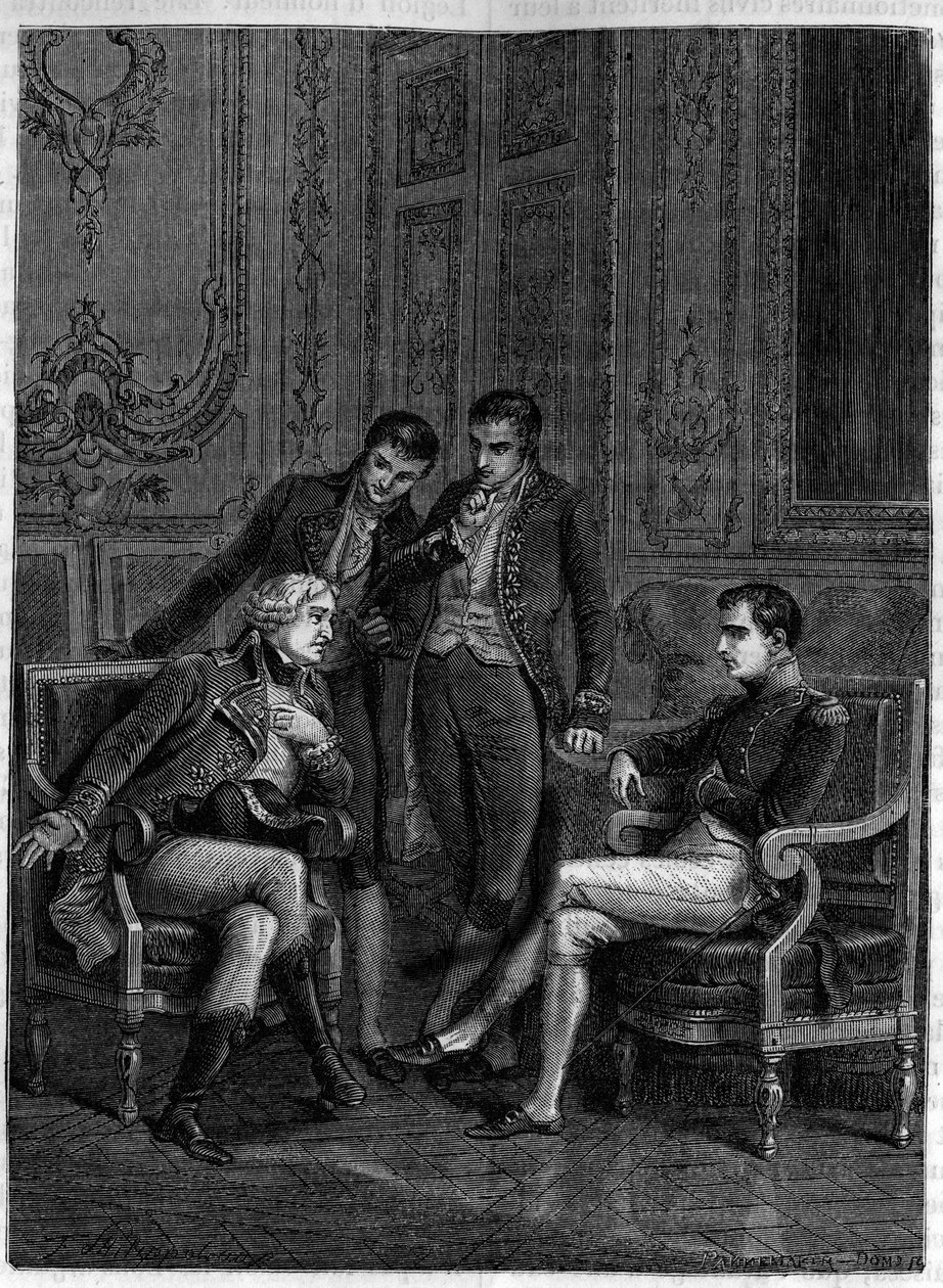 Jean Jacques Regis de Cambaceres (1753-1824), aki Bonaparte-ban, akkori első konzulnál, valamint testvéreinek, Joseph-nek és Lucien-nek állítja ki zseniális kombinációját, amellyel Bonaparte Consul a vie nevet kapta 1804 körül – (Cambaceres Bonaparte kinev alkotó: Felix (after) Philippoteaux