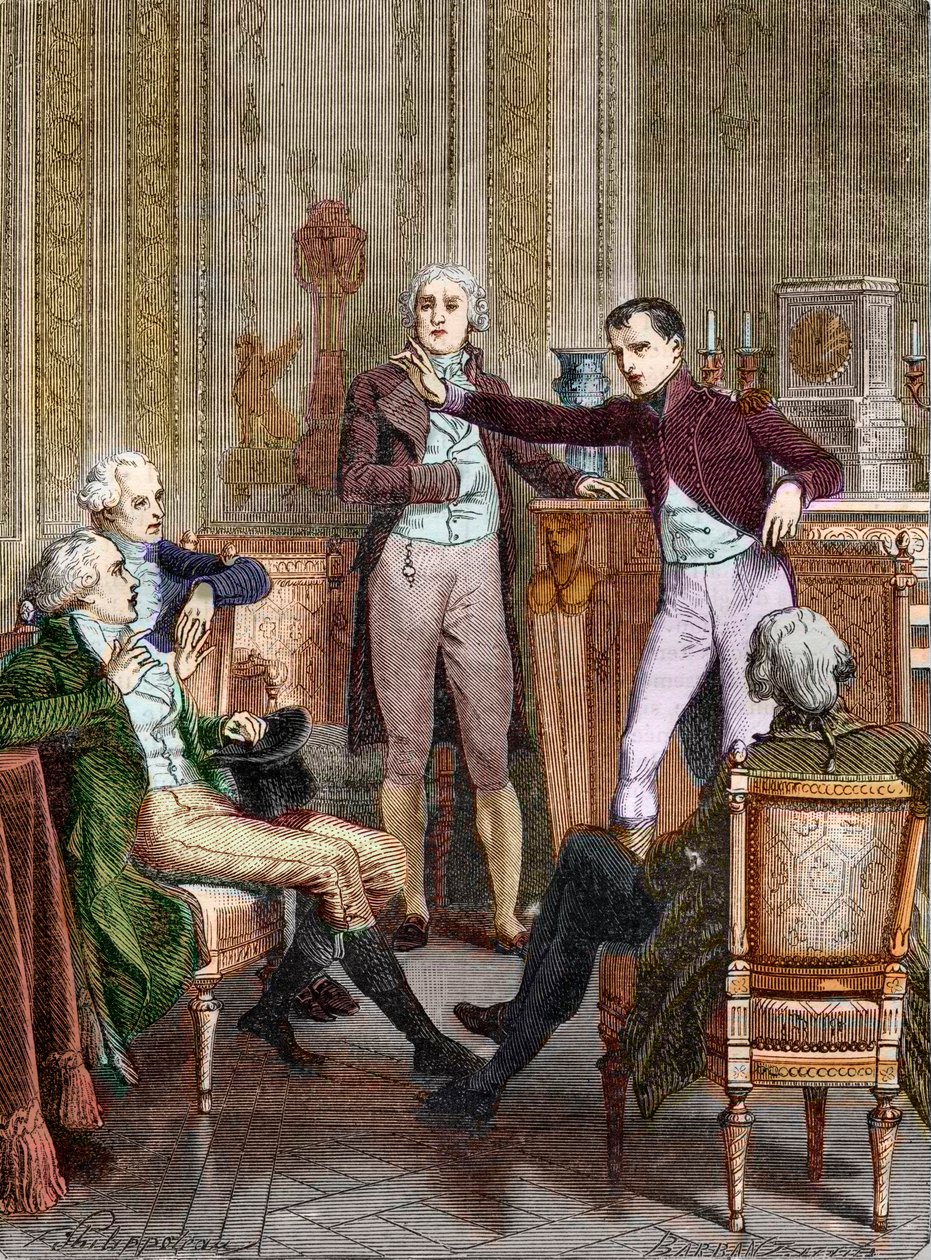 Az első konzul, Bonaparte Gaspard Monge matematikussal beszélget – Bonaparte főkonzul és Gaspard Monge (1746-1818) metszetének beszélgetése, Felix Philippoteaux (1815-1884). alkotó: Felix (after) Philippoteaux