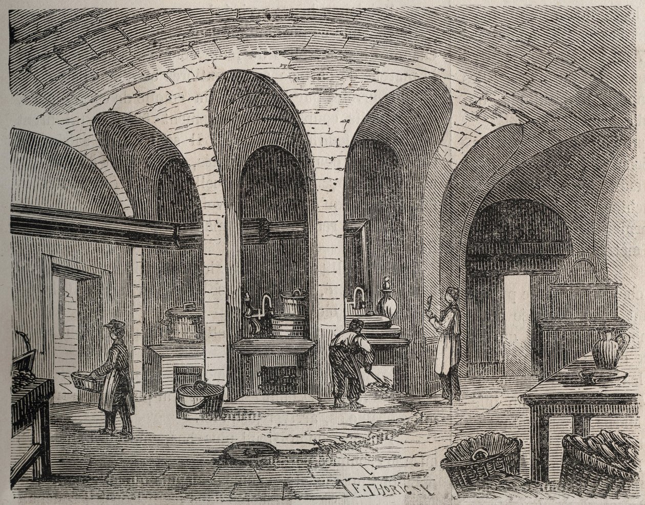 Párizs - Prison de la petite Roquette (nők és tinédzserek börtöne) - Les Cuisines - Metszet Felix Thorigny nyomán - a Le Monde Illustre-ben 1865 júliusából alkotó: Felix (after) Thorigny