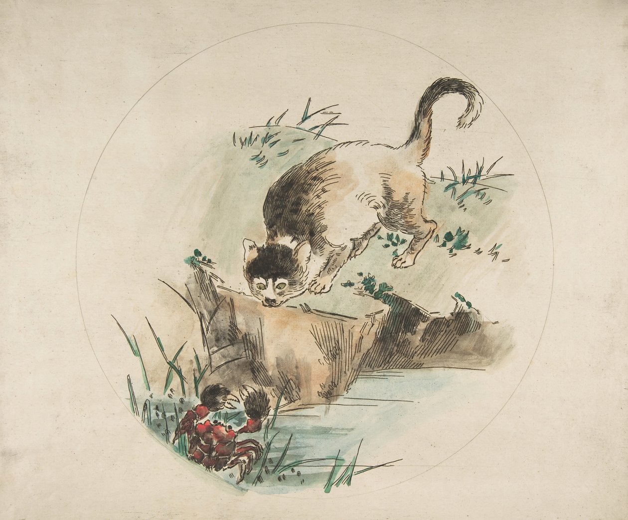 Dísz tányérhoz: Rákra vadászó macska, 1850-1914. alkotó: Felix Bracquemond