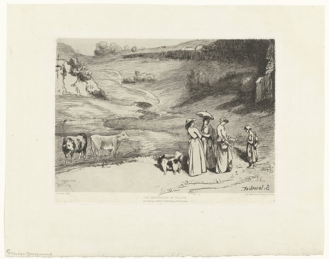 Fiatal nők pénzt adnak a pásztorlánynak a dombos tájon Les demoiselles du villages (cím a tárgyon) alkotó: Felix Bracquemond