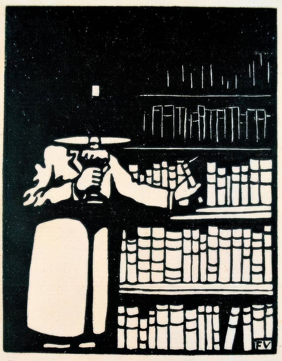 Könyvbarát lámpával a könyvtárában alkotó: Felix Edouard Vallotton